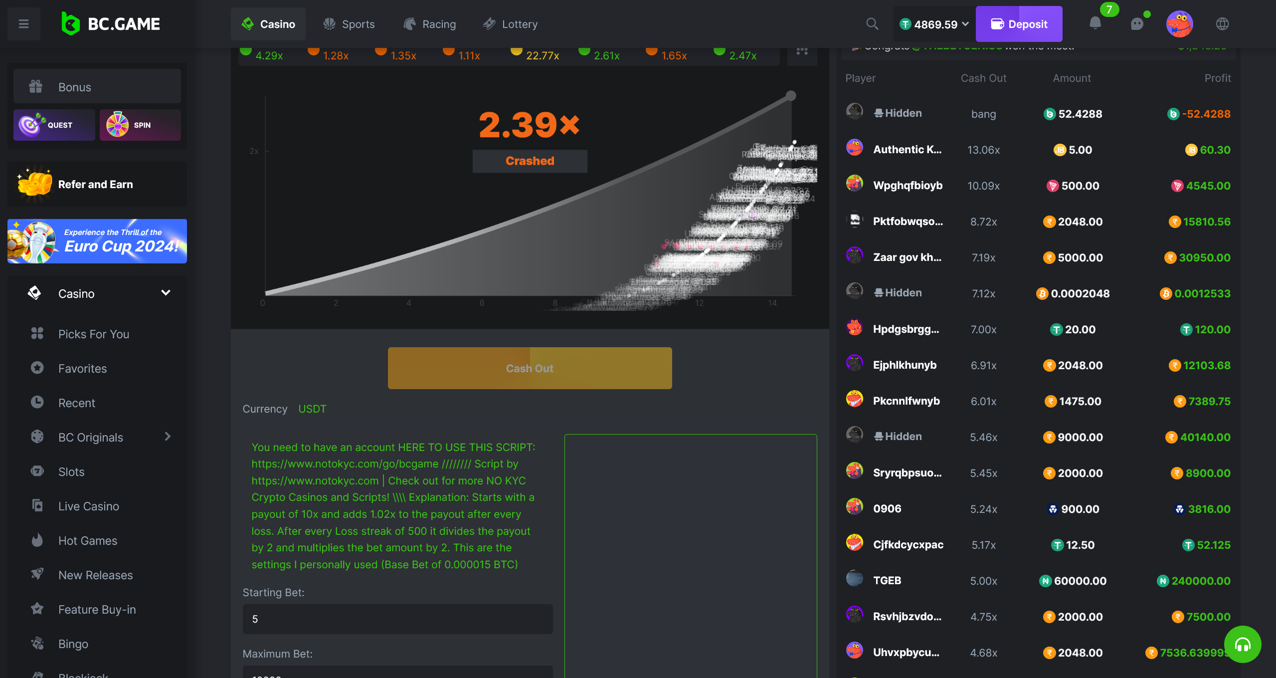 crash gambling script for a very popular gambling site bc.game in action.